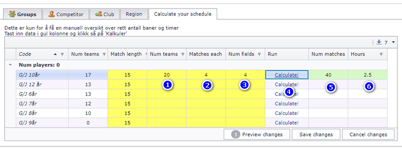 The scenario calculator with number of teams, matches per team, fields, the Calculate button and the resulting matches and hours