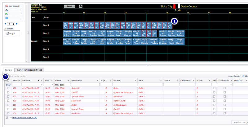 The visualizer after a calculation: blue group matches, green end-game matches, a red outline on a moved match, and the match list underneath