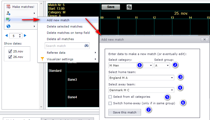 The new match popup with category, group, home team, away team, the all-teams check box and the save button