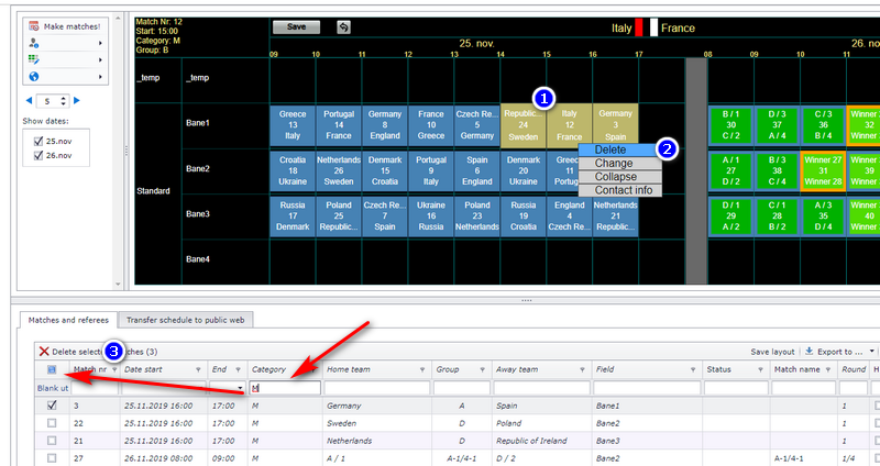 Visualizer and match table with the three delete options numbered