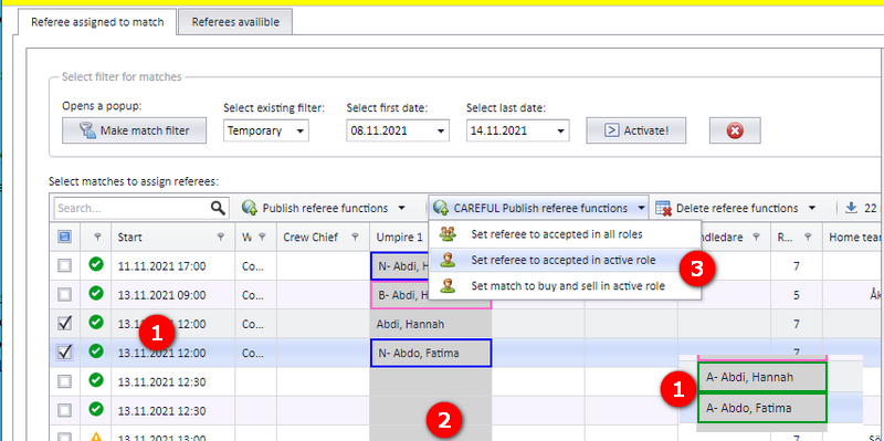 CAREFUL Publish referee functions menu with Set referee to accepted, and accepted cells with a green border