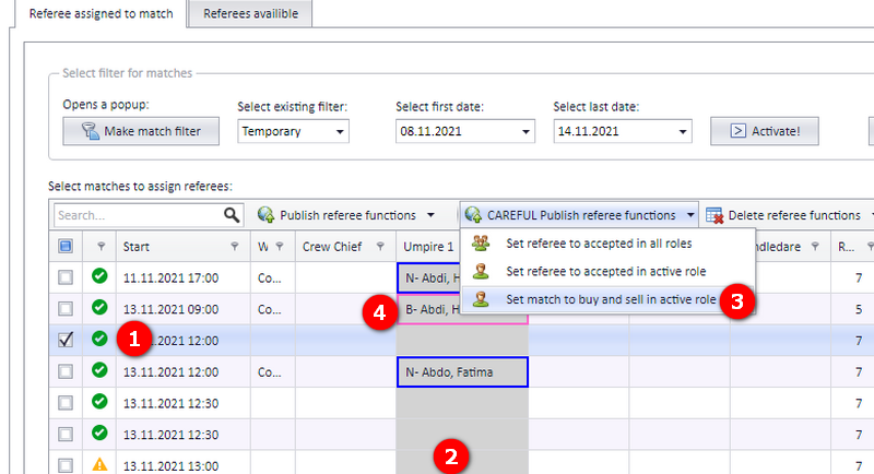 CAREFUL Publish referee functions menu with Set match to buy and sell in active role, and a buy-and-sell cell with a pink border
