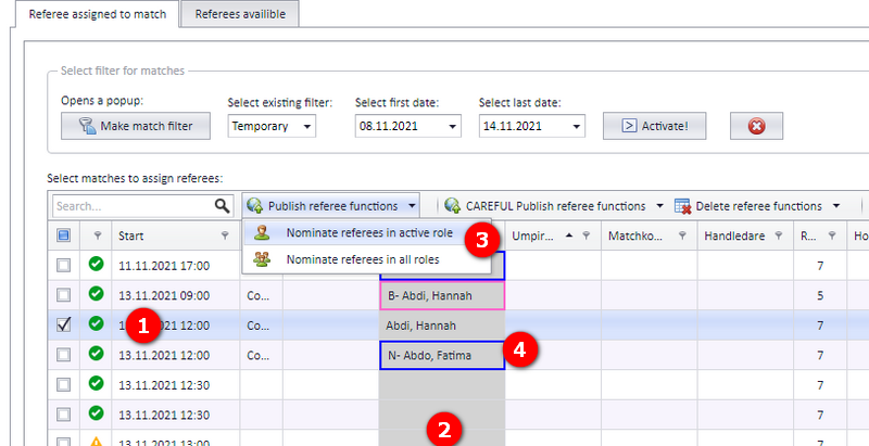 Publish referee functions menu with Nominate referees in active role and in all roles, and a nominated cell with a blue border