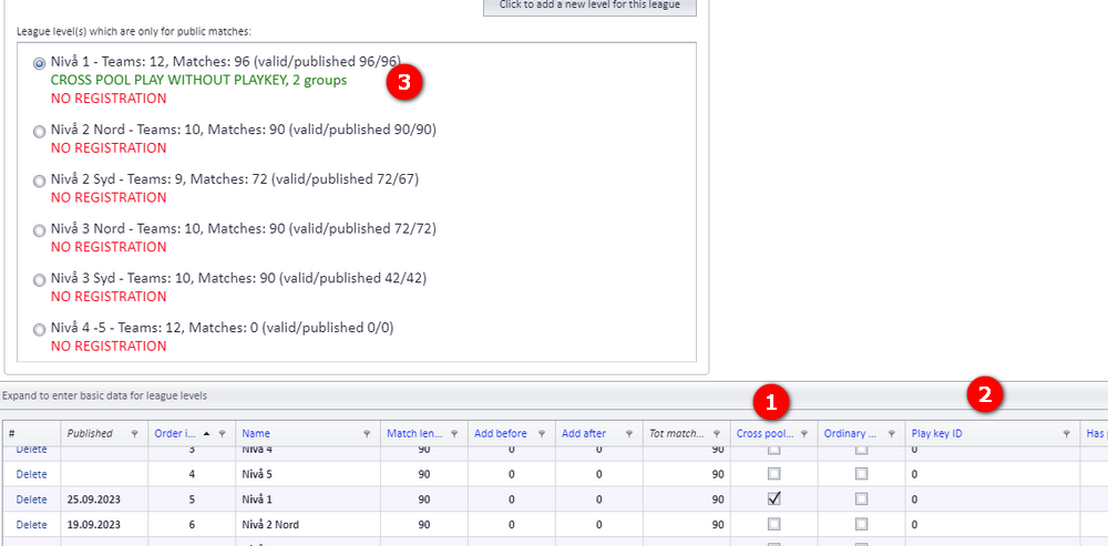 League level with Cross pool play checked and a cross playkey selected
