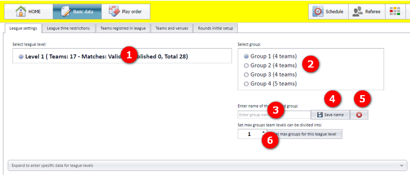 Pool list for a league level: rename, delete and number of pools