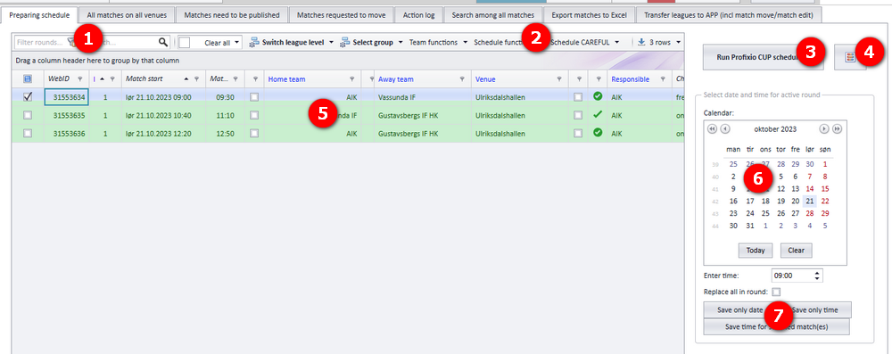 The scheduling window with its main areas numbered