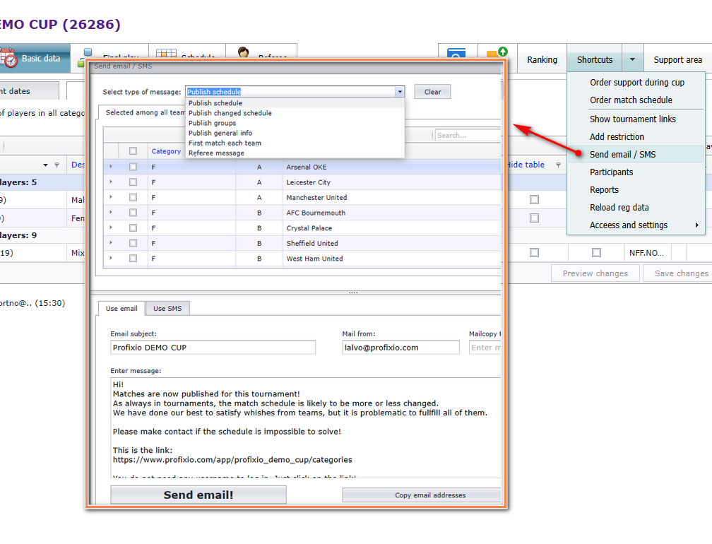 The Send email / SMS screen