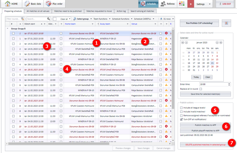 Schedule window before publishing, with the numbered areas
