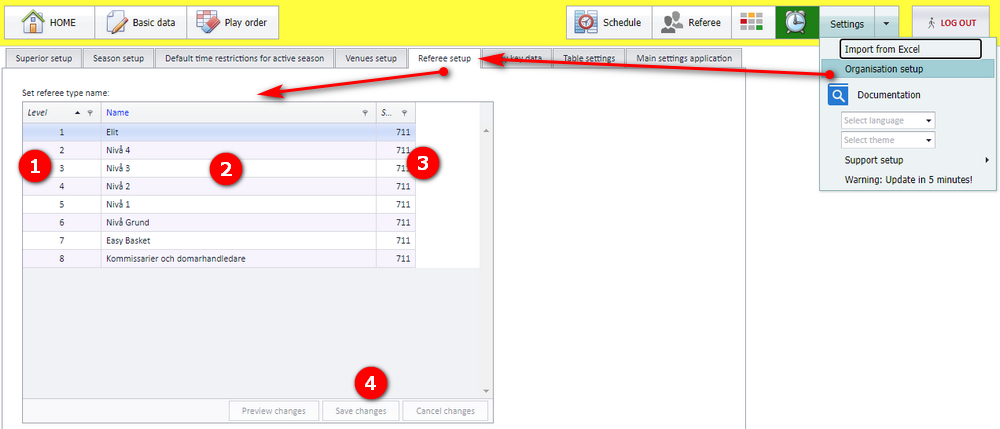 Organisation setup, Referee setup tab, with the Level and Name columns and the Save changes button