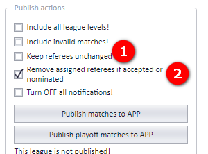 Publish actions box with Keep referees unchanged (1) and Remove assigned referees if accepted or nominated (2)