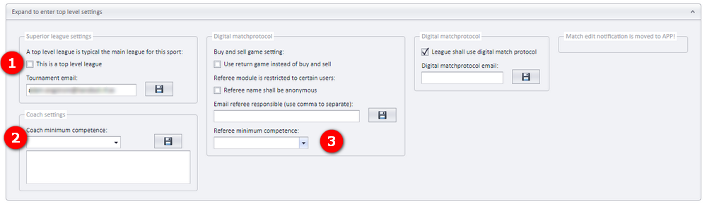 Top level settings with markers 1 top level league, 2 coach minimum competence, 3 referee minimum competence