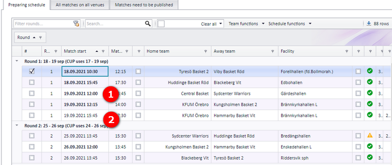 Bold and regular match times in the schedule