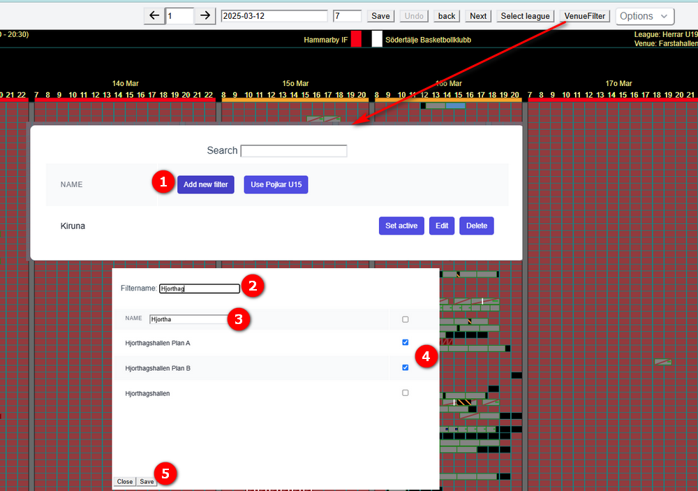 The Venue Filter menu in the Visualizer with numbered bubbles