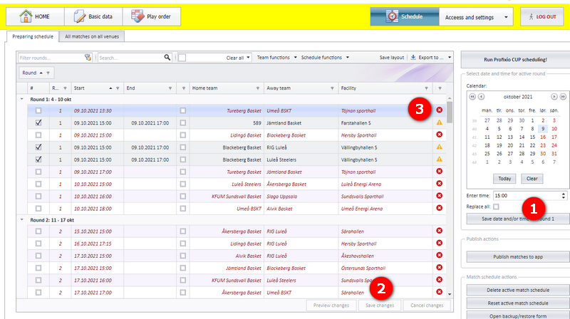 Validation symbols shown next to each match in the schedule