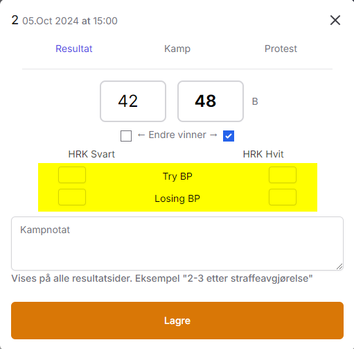 Bonus point check boxes in result registration