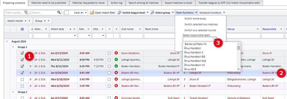 Changing responsible club in the cell or via the dropdown