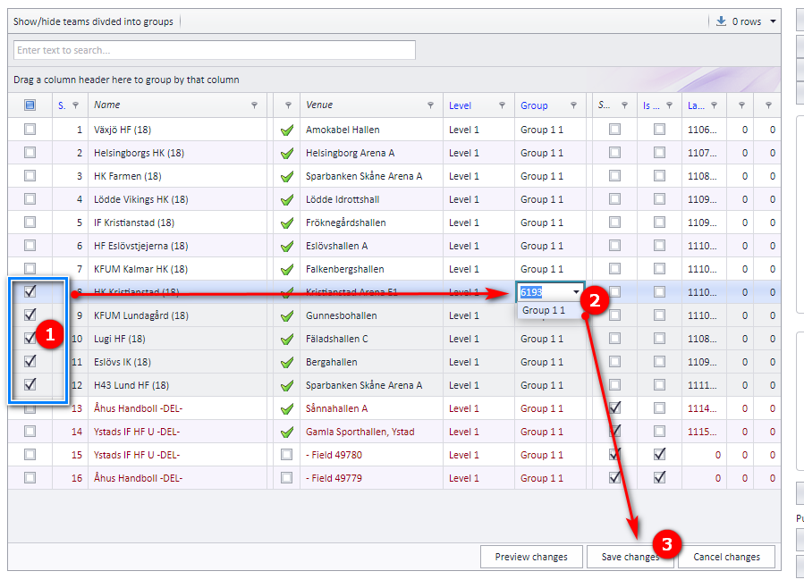 Selecting several teams and assigning them a group