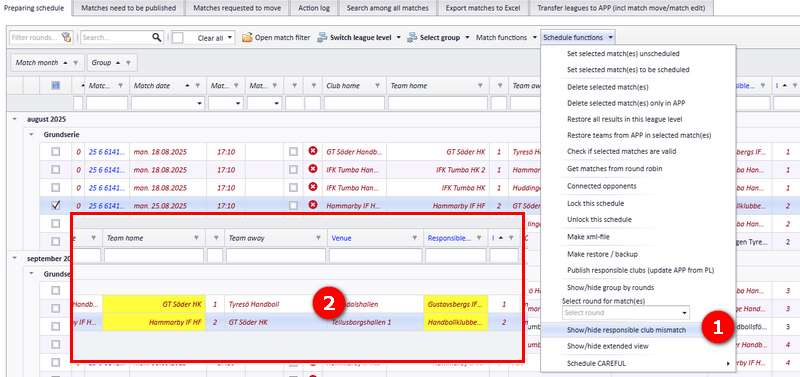 The mismatch check with home team and responsible club columns in yellow