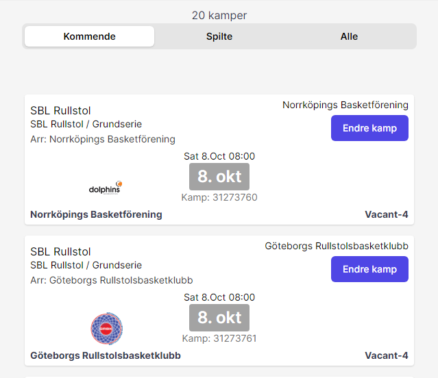 Vacant team in the public list of matches
