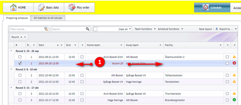 Match with a vacant team shown as invalid (red) in the schedule