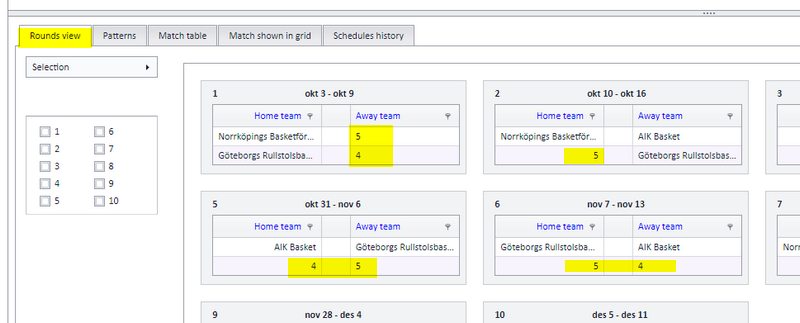 Vacant teams shown by index in the list of rounds