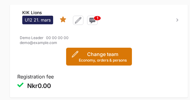 A team on My registrations with the Change team button