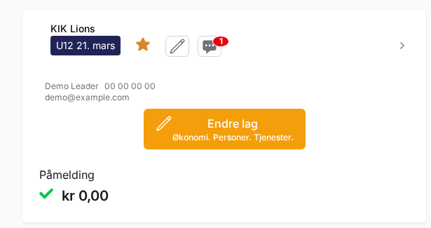 Et lag på Mine påmeldinger med knappen Endre lag