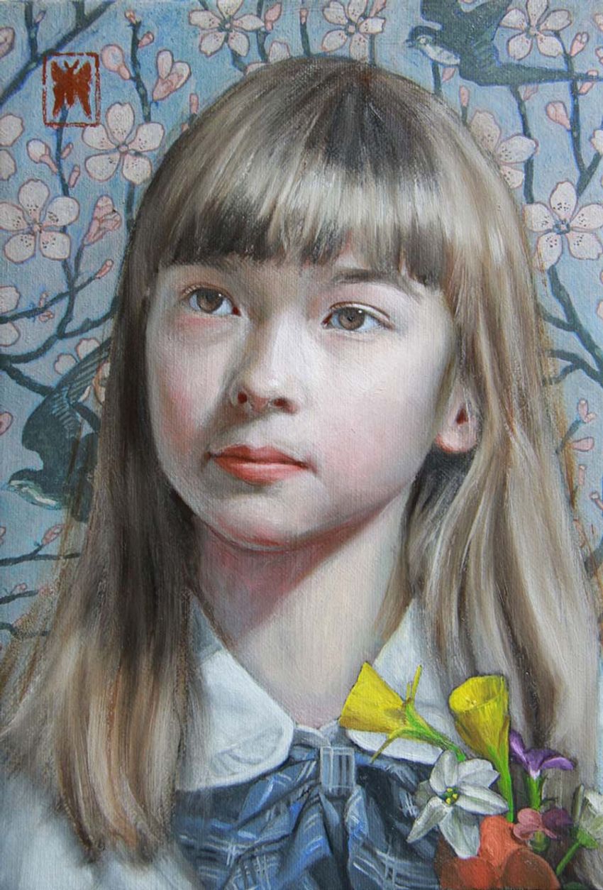 【超激安在庫】福田宏樹 （新作)*Girl with flower decoration(Eva I )* Art Renewal Center(米国) 準会員 Associate Living Master承認 人物画