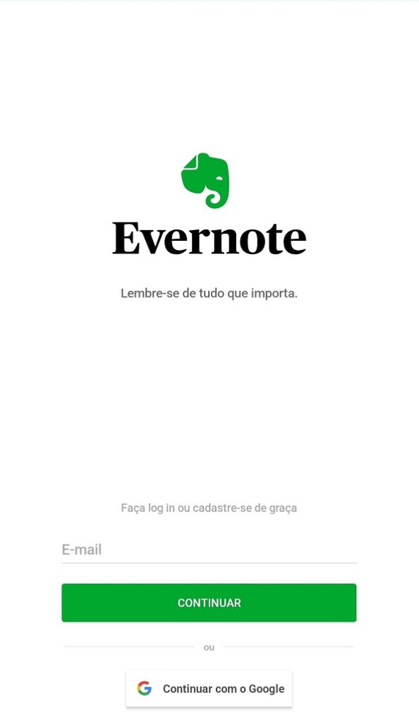 Tela de login do Evernote