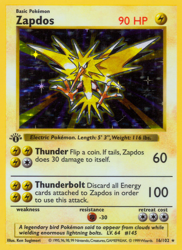 Zapdos #16 Base Set 1st Edition Pokémon card