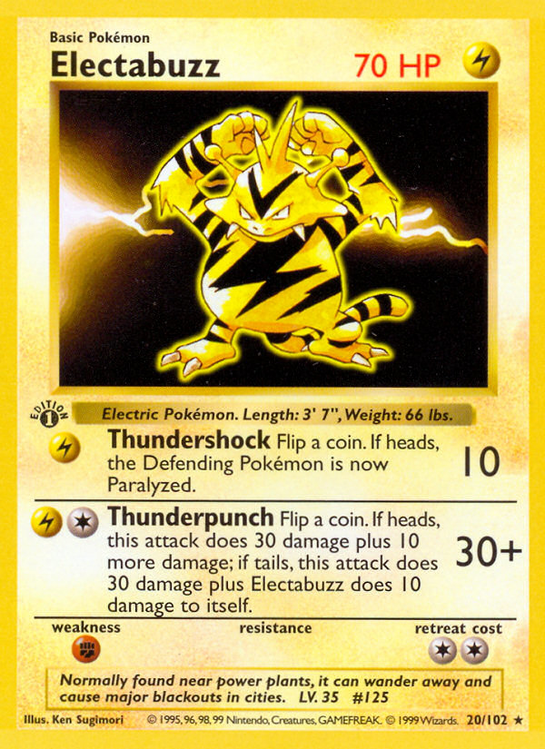 Electabuzz #
                                20 Base Set 1st Edition Pokémon card