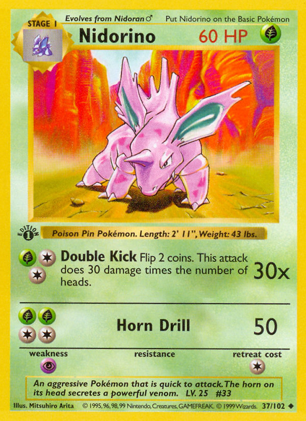 Nidorino #37 Base Set 1st Edition Pokémon card