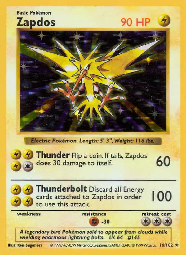 Zapdos #16 Base Set Shadowless Pokémon card