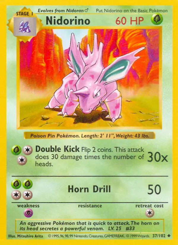 Nidorino #37 Base Set Shadowless Pokémon card