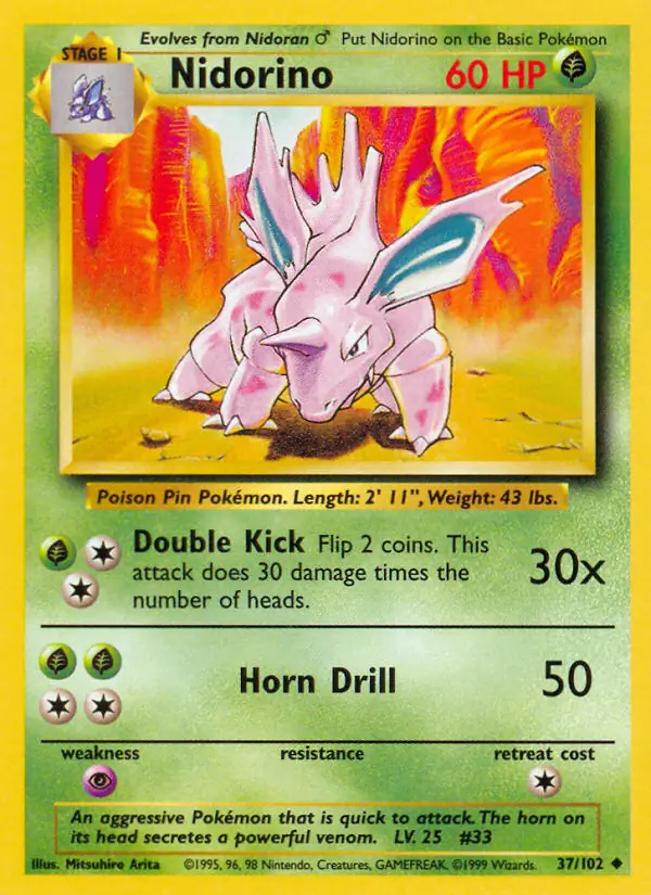 Nidorino #37 Base Set Unlimited Pokémon card