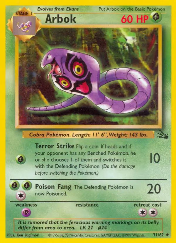 Arbok #31 Fossil Unlimited Pokémon card