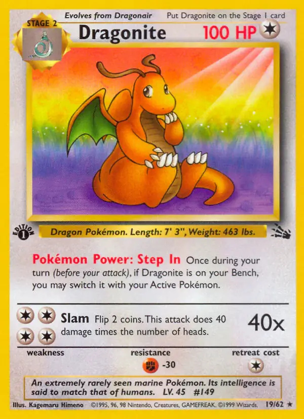 Dragonite #19 Fossil 1st Edition Pokémon card