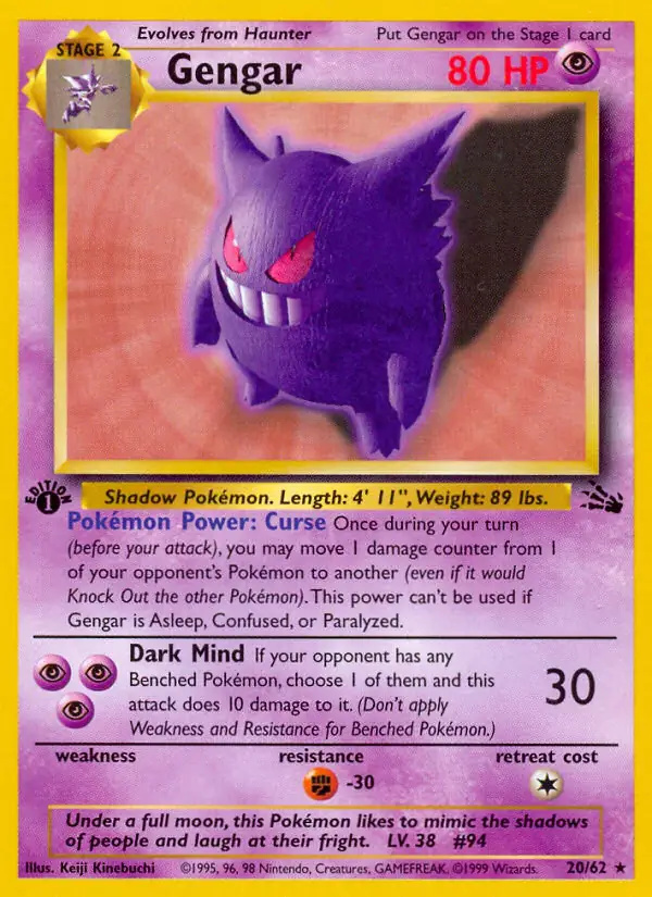 Gengar #20 Fossil 1st Edition Pokémon card