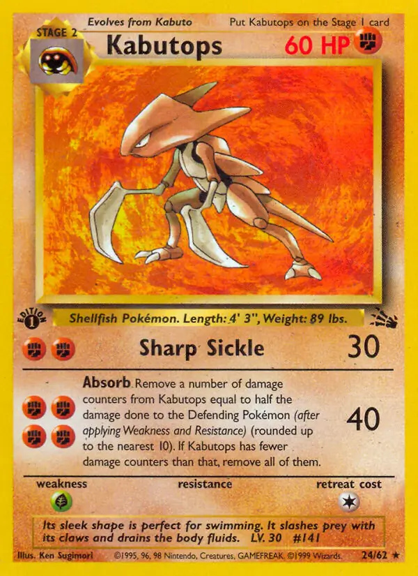 Kabutops #24 Fossil 1st Edition Pokémon card