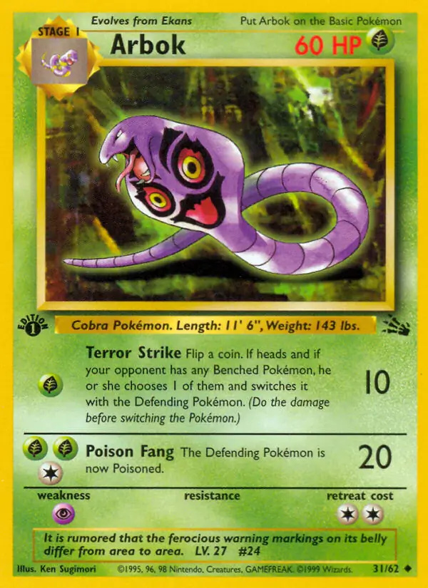 Arbok #31 Fossil 1st Edition Pokémon card