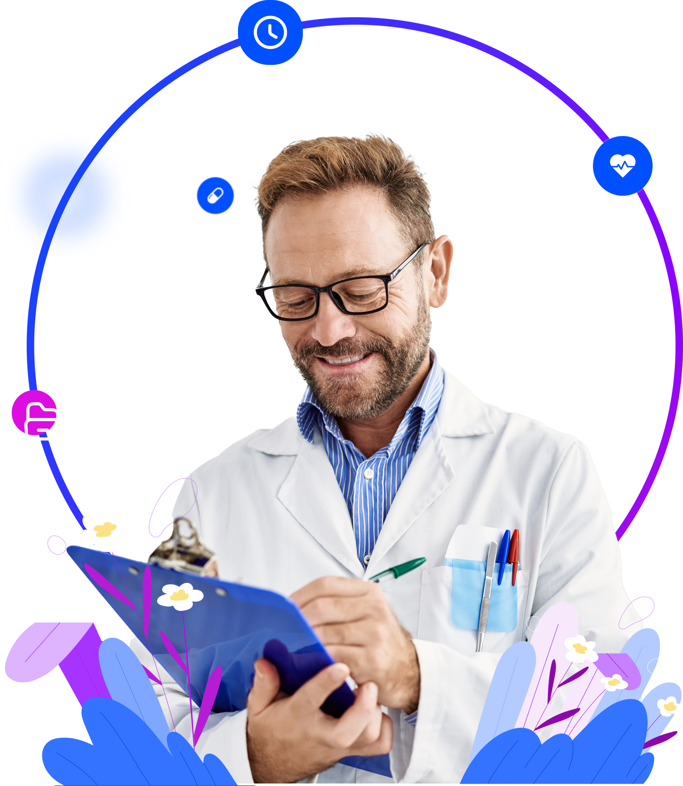 a man in a white coat writing on a clipboard