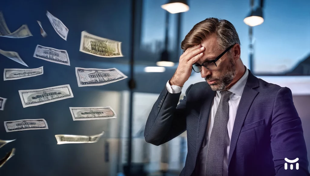 a man in a suit looking at money flying through a window
