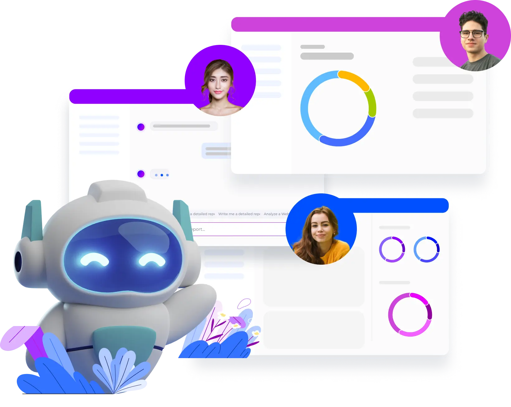 a white robot with blue eyes and purple circles