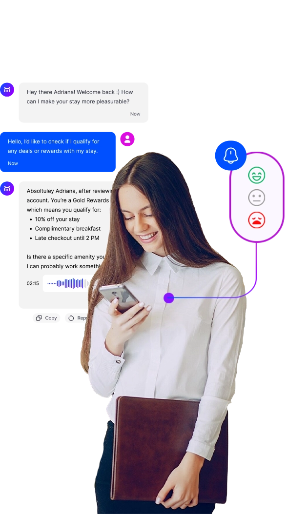a woman smiling while holding a phone