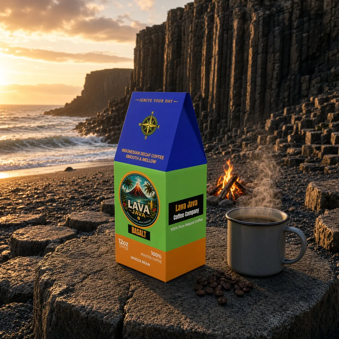 Basalt Decaf 12 oz bag of decaf coffee, photographed on location with a cup of coffee