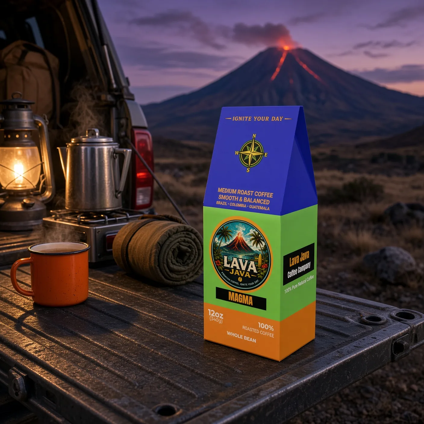 Magma 12 oz bag of medium roast coffee, photographed on location with a cup of coffee