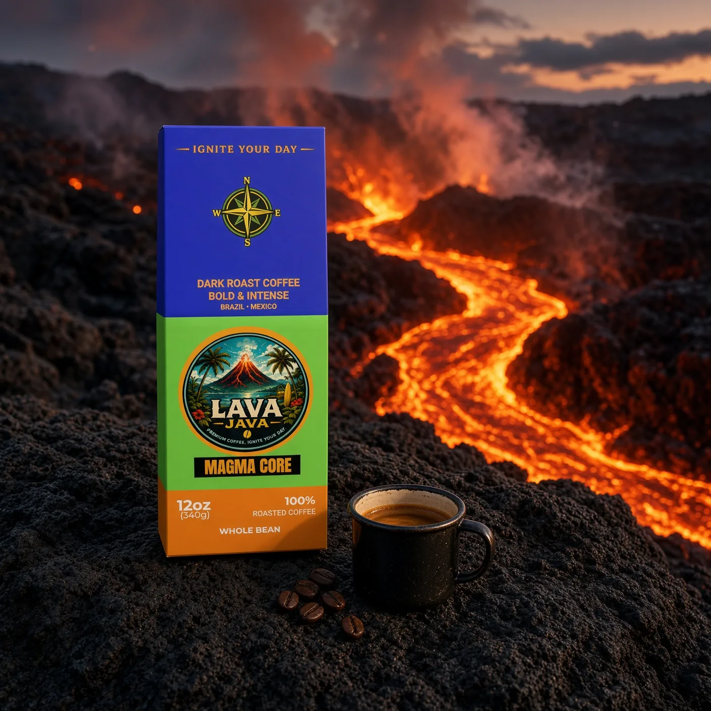 Magma Core 12 oz bag of dark roast coffee, photographed on location with a cup of coffee