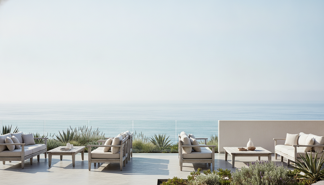 An ocean-facing terrace of a coastal Southern California home with teak seating and an open Pacific horizon