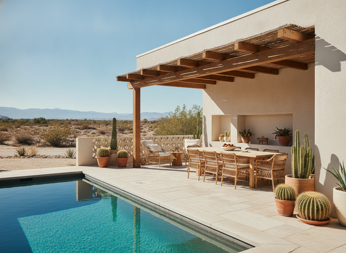 A shaded desert patio with a covered dining table, loungers and a pool in bright afternoon light
