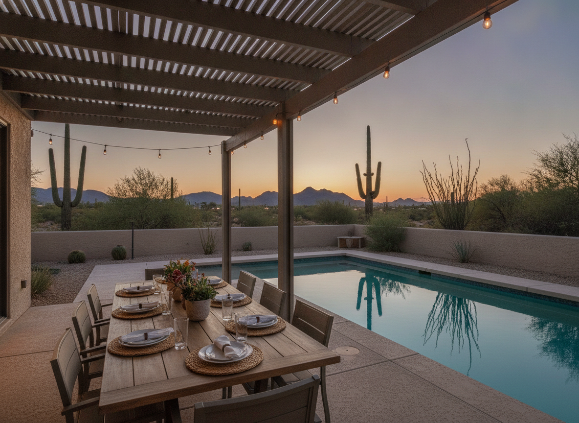 Shaded desert patio and pool at dusk in Scottsdale, illustrative